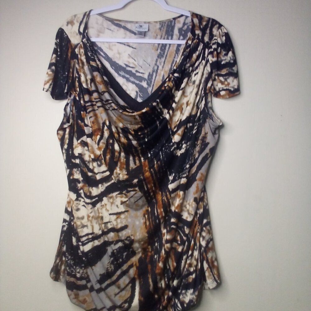 Worthington Blouse Women 1X Short Sleeve Lined Soft Stretch Pattern Black Brown